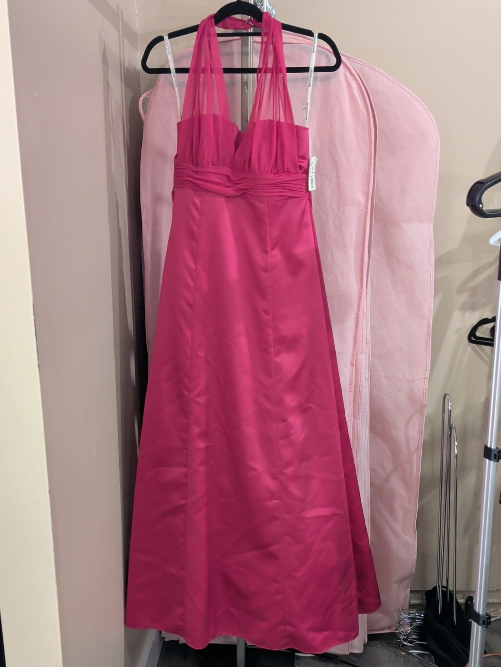David's Bridal Fuchsia Halter A-Line Bridesmaid Dress